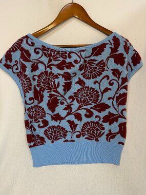 Oxknit Sweater Small Womens Blue Maroon Floral Knit Short Sleeve Boatneck Cotton